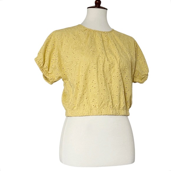 Madewell Eyelet Crop Top Puff Sleeve Yellow Tie Back Casual Blouse Size S - Picture 5 of 10